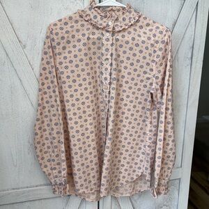 J. Crew Classic Fit Ruffle Top Women’s 8 Pink Blue Button Up